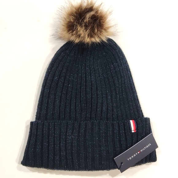 NWT Tommy Hilfiger Metallic Knit Faux Fur Pom-Pom Beanie Hat One Size MSRP $48 - Picture 7 of 7